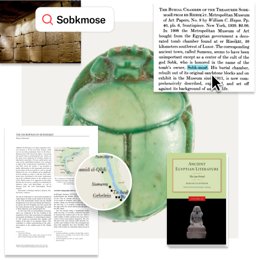 A collage featuring Egyptian artifacts, academic texts, and a green scarab beetle centered around a search for “Sobkmose,” illustrating JSTOR’s research connections.