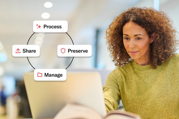 A person working on a laptop with icons labeled Process, Manage, Preserve, and Share encircling them, symbolizing JSTOR’s end-to-end digital stewardship workflow.