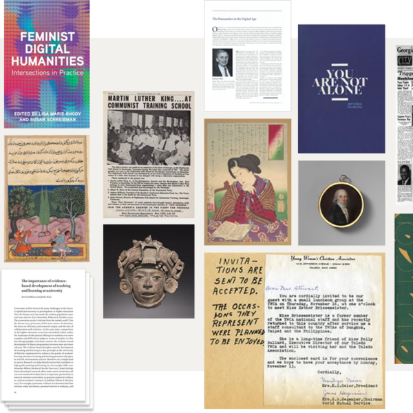 Collage of scholarly materials including books, journal pages, artwork, manuscripts, photographs, and historical documents from diverse cultures and time periods.