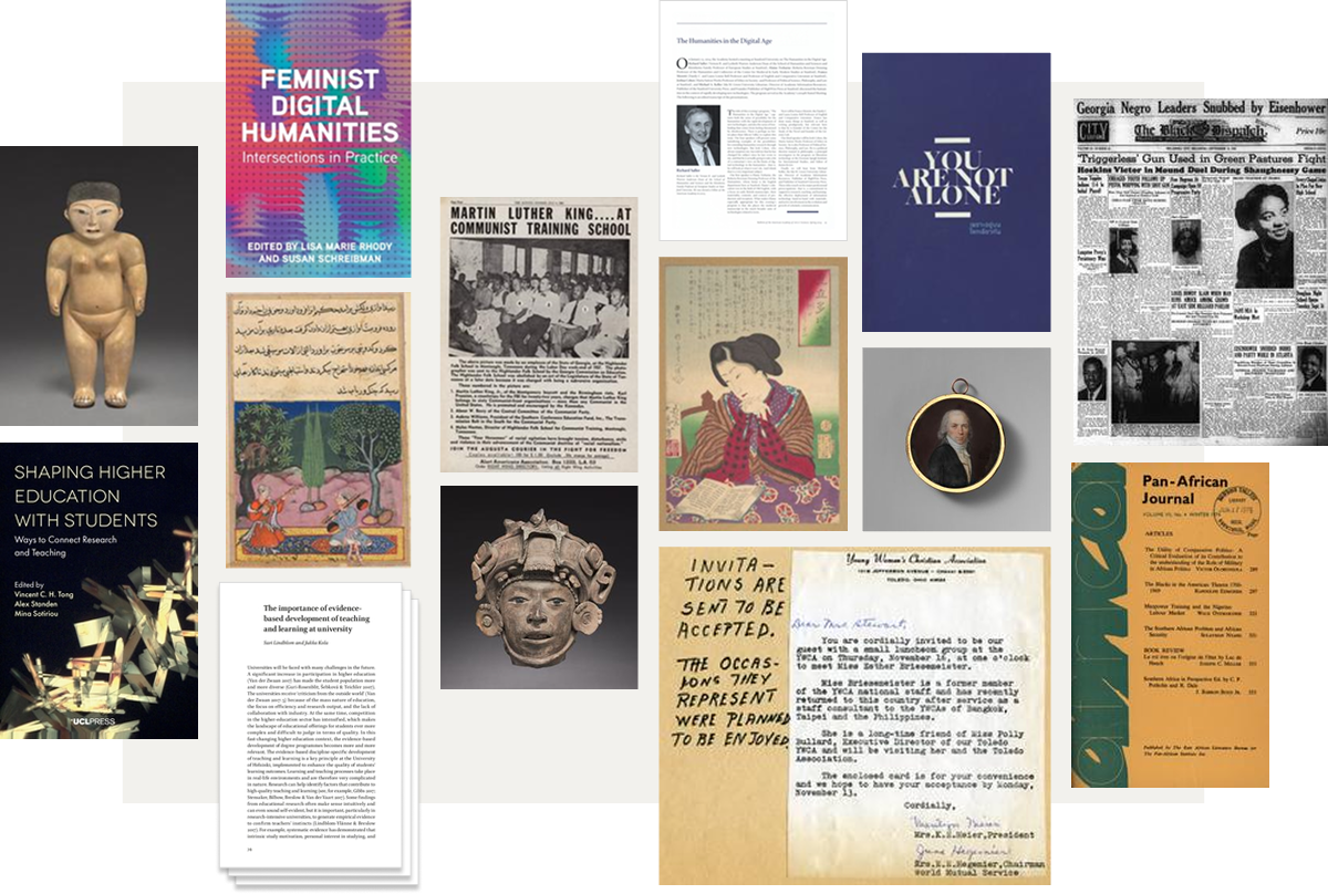 Collage of scholarly materials including books, journal pages, artwork, manuscripts, photographs, and historical documents from diverse cultures and time periods.