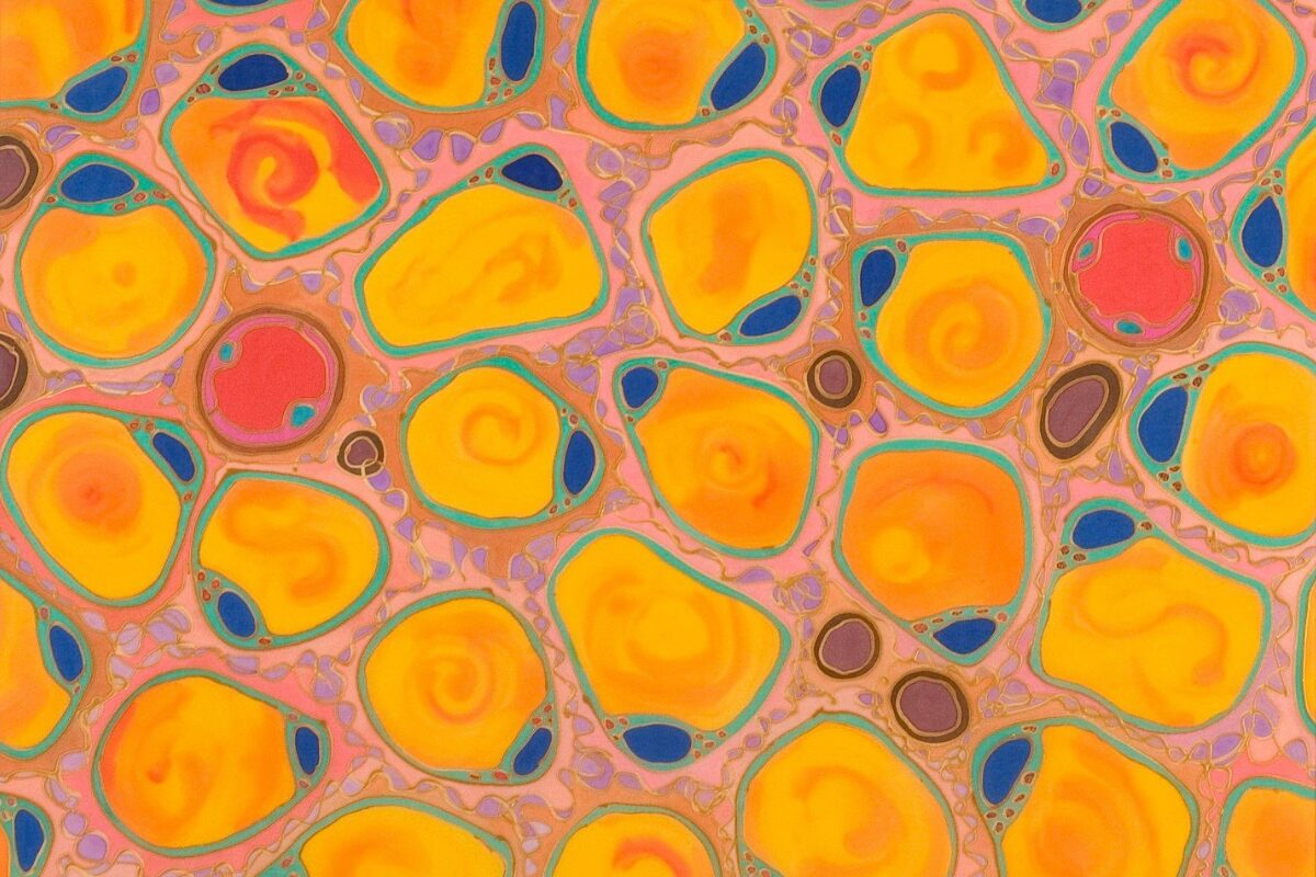 Bright, abstract pattern resembling marbled paper, with irregular yellow and orange shapes outlined in blue and pink against a mottled background.