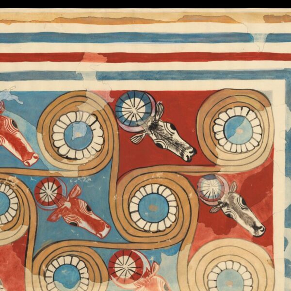 Colorful painted design featuring repeating spirals and stylized cow heads in red, black, and white. The geometric pattern is bordered by layered stripes in red, blue, and beige, with visible wear and cracks throughout the artwork.