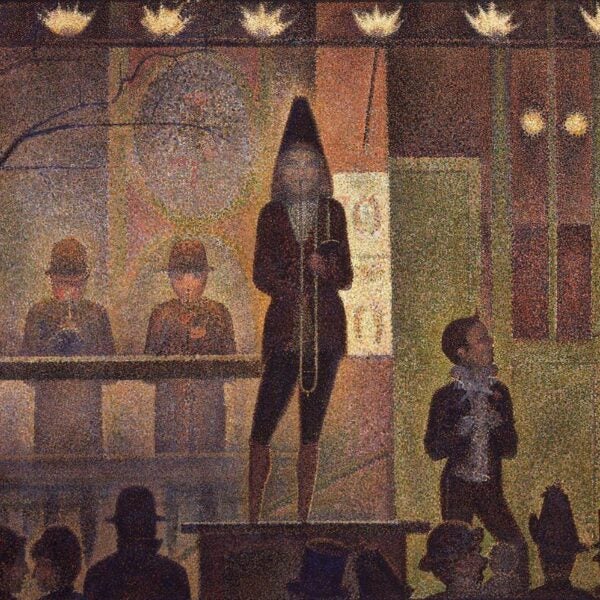 Pointillist painting of a circus sideshow with a performer on a platform, musicians in the background, and a crowd gathered in the foreground under rows of glowing lights.