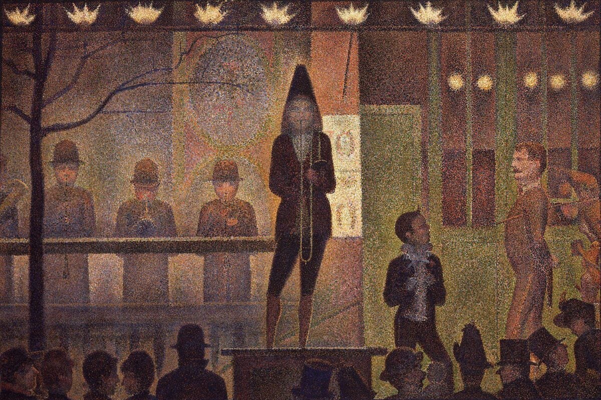 Pointillist painting of a circus sideshow with a performer on a platform, musicians in the background, and a crowd gathered in the foreground under rows of glowing lights.