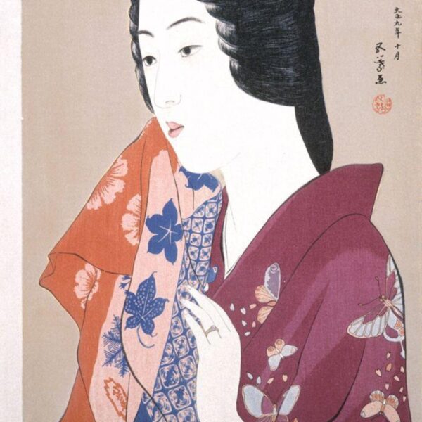 A Japanese woodblock print of a woman in a patterned purple and red kimono, shown in profile with a delicate, contemplative expression.