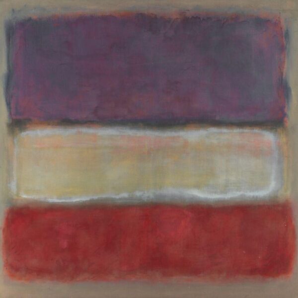 A soft-edged abstract painting with three horizontal color fields—purple, white, and red—set against a muted background.