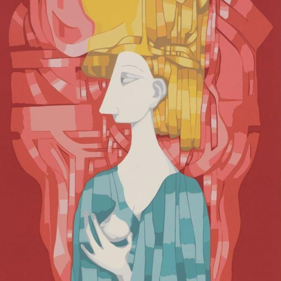 A stylized figure with exaggerated yellow hair holding a round fruit, set against layered red and teal abstract shapes.