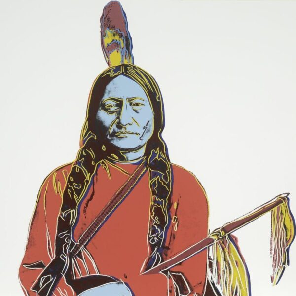 A colorful pop-art portrait of Sitting Bull with bold outlines and bright red, yellow, and blue tones.