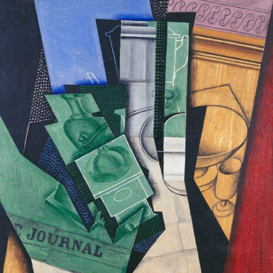 Cubist still-life painting featuring overlapping geometric shapes in blues, greens, yellows, and reds, depicting fragmented objects such as a coffee grinder, pitcher, bowls, and a newspaper.