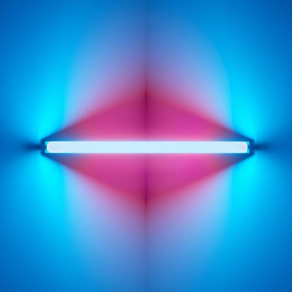 A horizontal neon light casting blue and pink glows symmetrically across a wall, creating a soft gradient of color.