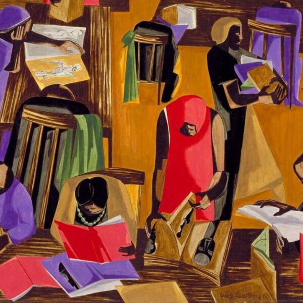 A colorful painting by Jacob Lawrence depicting people reading and studying in a library, shown from above with bold geometric shapes and rich hues of brown, red, purple, and gold.