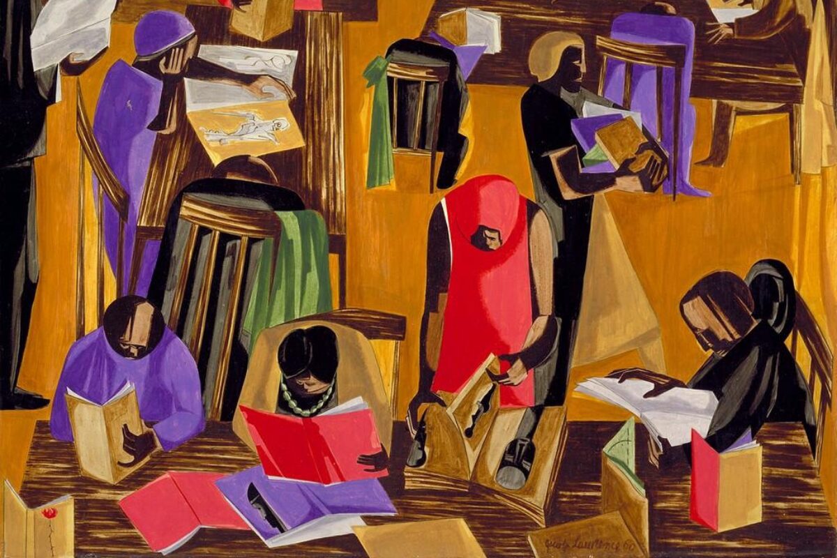 A colorful painting by Jacob Lawrence depicting people reading and studying in a library, shown from above with bold geometric shapes and rich hues of brown, red, purple, and gold.