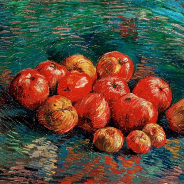 Still life painting of red and yellow apples arranged on a surface, rendered in bold, textured brushstrokes with swirling blue and green background tones.