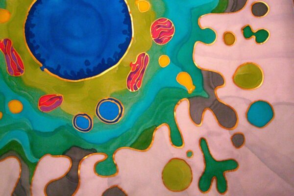 Abstract artwork resembling a colorful biological cell, with a blue circular center surrounded by green, yellow, and pink organic shapes outlined in gold.