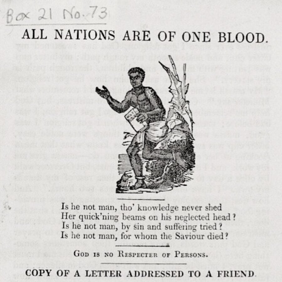 Historic abolitionist pamphlet titled “All Nations Are of One Blood,” featuring an illustration of an enslaved man reading a book beside verses calling for equality and compassion.