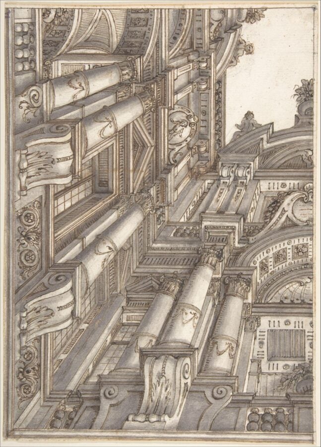Highly detailed architectural drawing in dramatic upward foreshortening, depicting ornate Baroque columns, arches, and decorative moldings in a trompe-l’oeil style.
