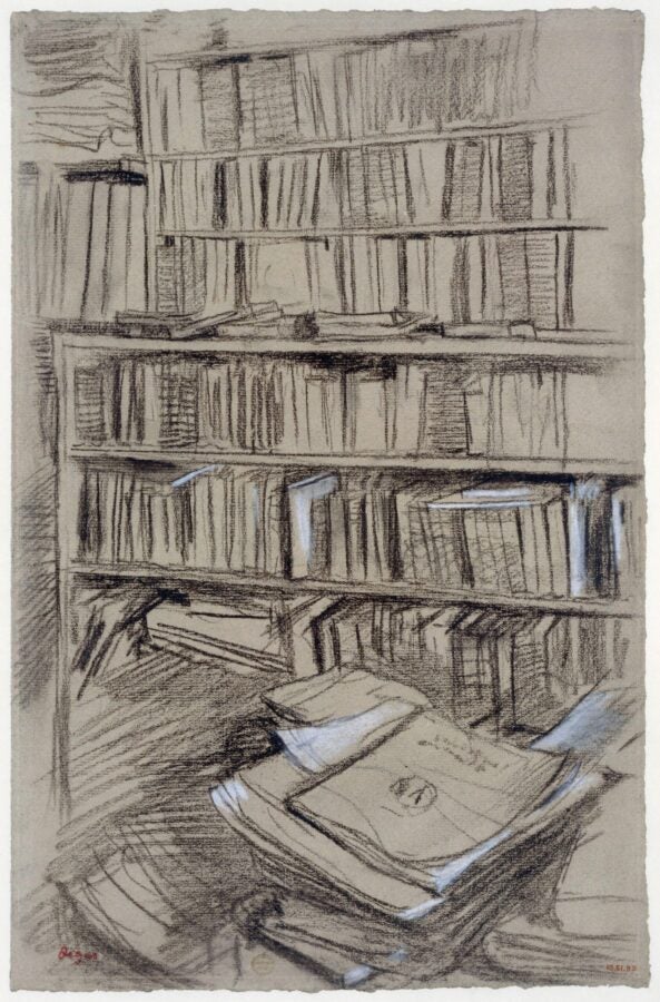 A charcoal drawing of a crowded bookshelf with stacks of books in the foreground and rows of tightly packed volumes filling the shelves behind them.