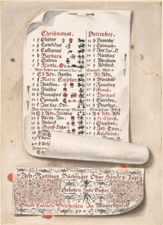 A finely detailed 1709 trompe l’oeil illustration of a handwritten calendar page in German, pinned to a surface, with ornate calligraphic decoration and scrolling text below.