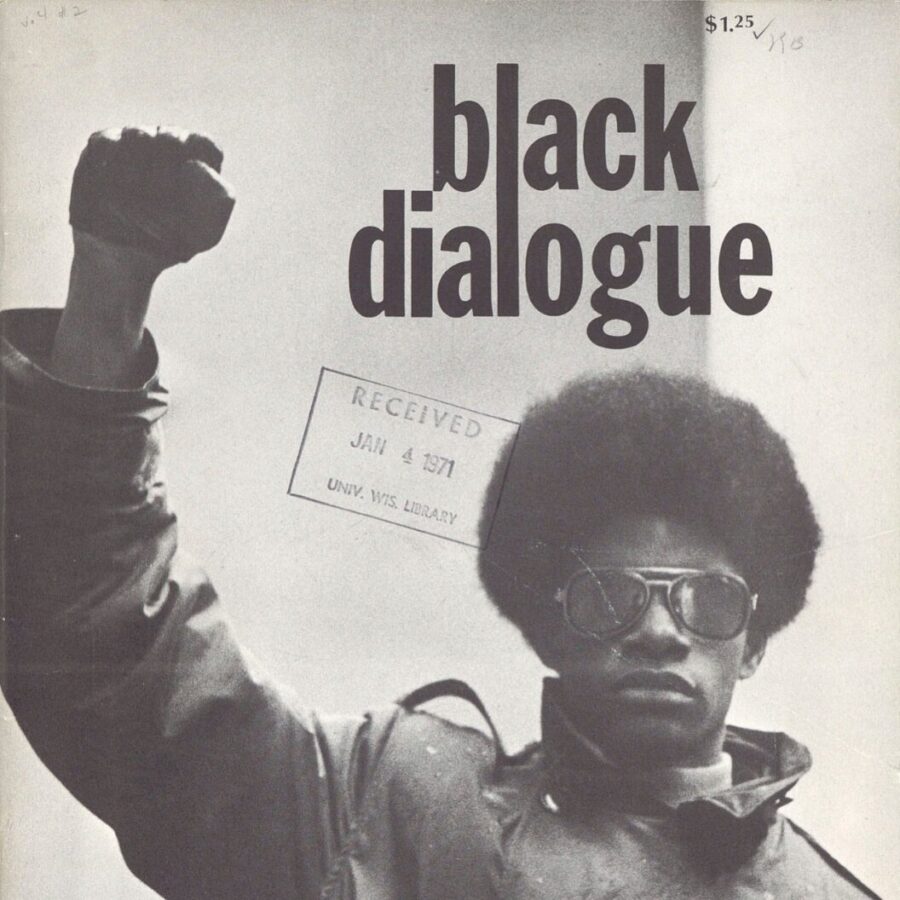Black-and-white magazine cover titled Black Dialogue featuring a young Black man wearing sunglasses and a jacket, raising his fist in a Black Power salute; a library stamp dated Jan 4, 1971 appears across the image.