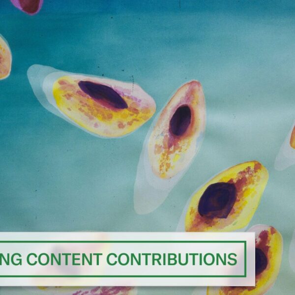 Colorful abstract illustration of clustered oval cell-like forms against a blue background with the label “Seeking Content Contributions.”