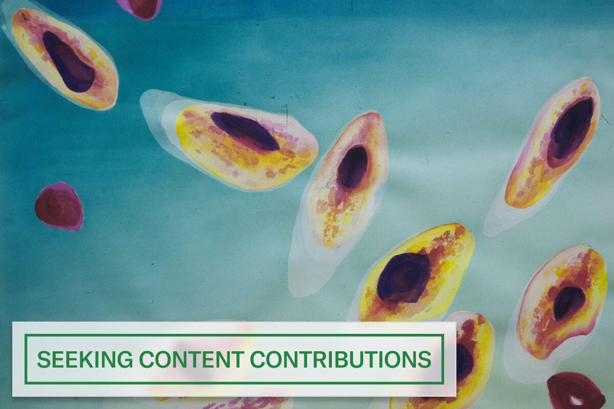 Colorful abstract illustration of clustered oval cell-like forms against a blue background with the label “Seeking Content Contributions.”