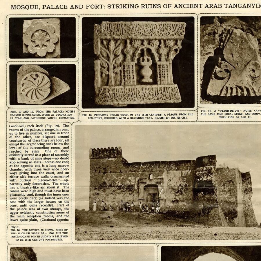 A vintage magazine-style page featuring photos and illustrations of ancient Arab ruins in Tanganyika, including carved stone motifs and a large weathered fortress with people standing near its entrance.