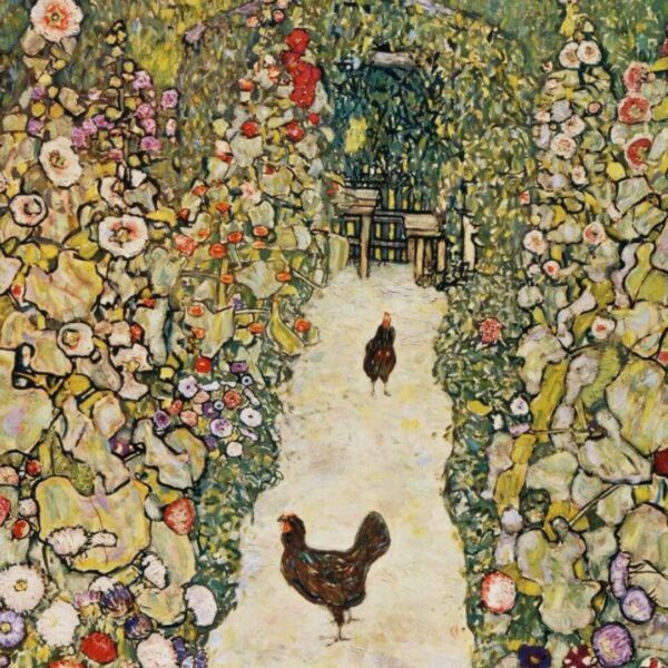 A lush garden path lined with tall, colorful flowering plants, with two hens walking along the light-colored walkway toward a shaded seating area in the background.