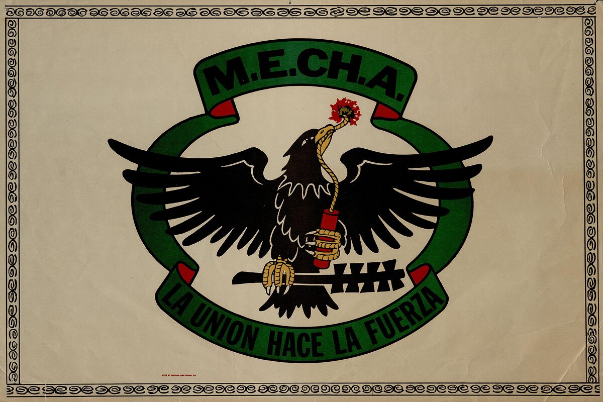 A poster with a black eagle holding a dynamite stick in its beak, surrounded by green text reading “M.E.Ch.A.” and “La Unión Hace La Fuerza.”