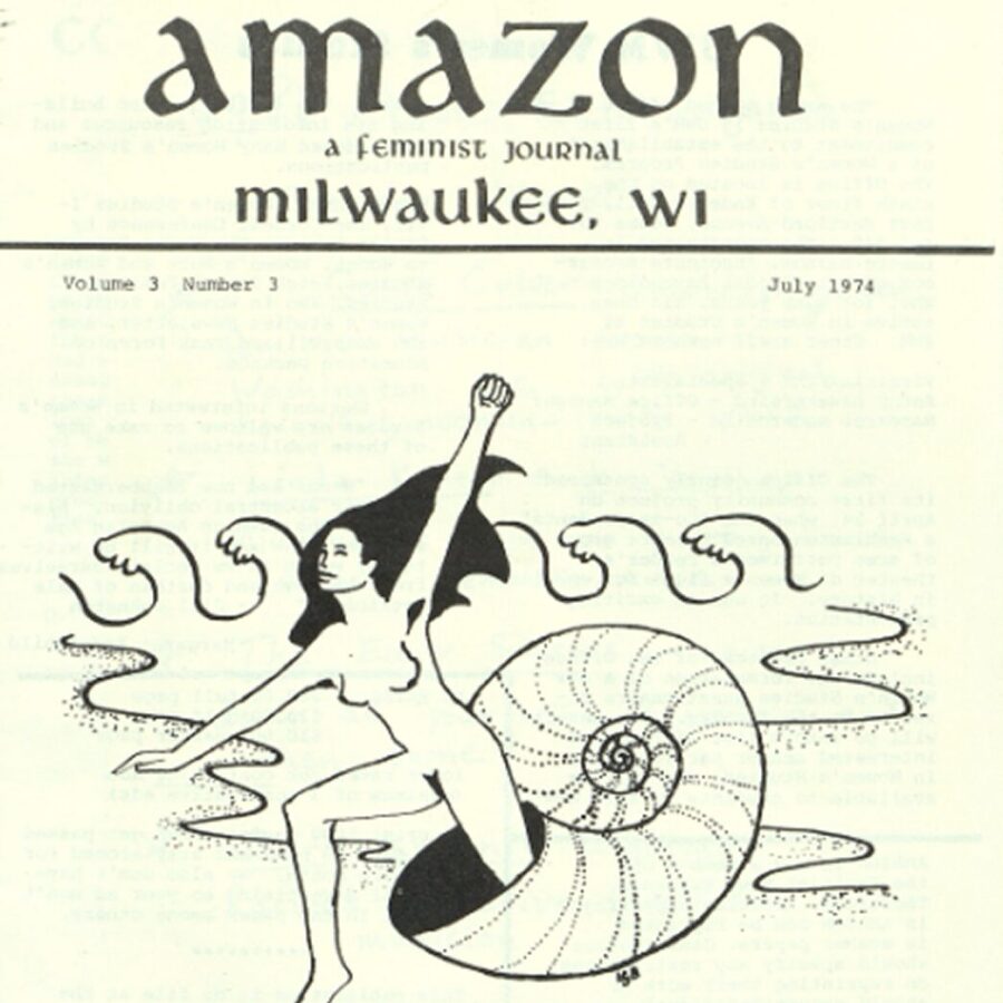 Cover of Amazon: A Feminist Journal, showing a drawn figure of a woman emerging from a seashell with waves in the background.