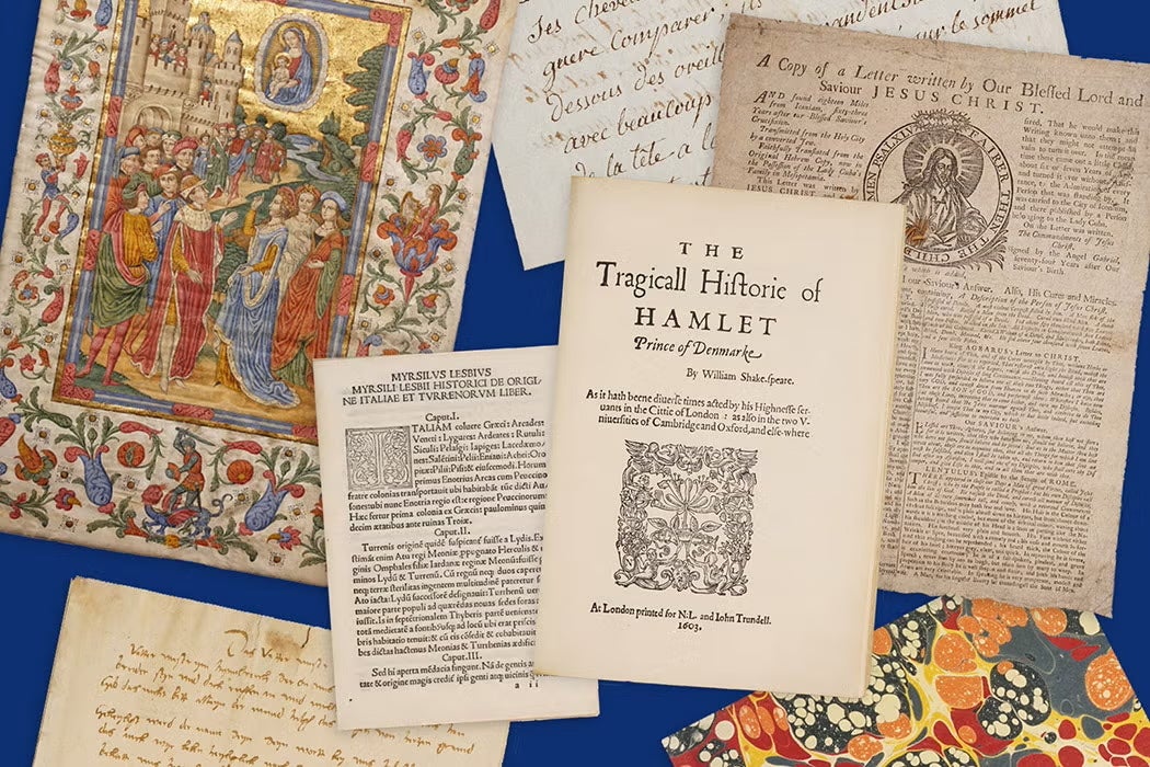 A collage of rare historical book pages, including an illuminated manuscript, handwritten letters, marbled paper, and a 1603 title page of The Tragicall Historie of Hamlet. From the Johns Hopkins University Stern Center’s Bibliotheca Fictiva collection on JSTOR.
