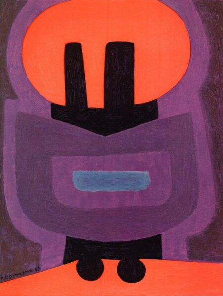A bold abstract painting with simplified geometric shapes in purple, black, red, and blue, forming a stylized figure-like form.
