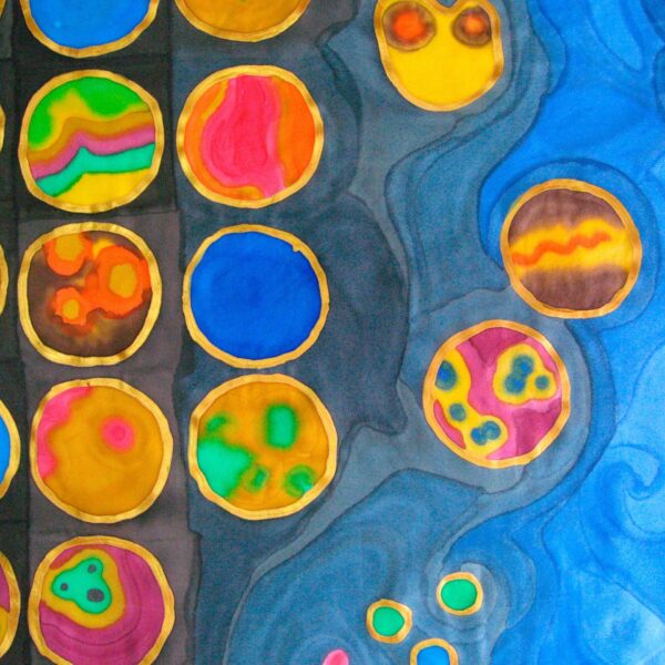Colorful abstract artwork featuring rows of circular forms in bright blues, yellows, greens, and pinks on the left, blending into swirling blue shapes with scattered circles on the right, suggesting cells or microscopic life.