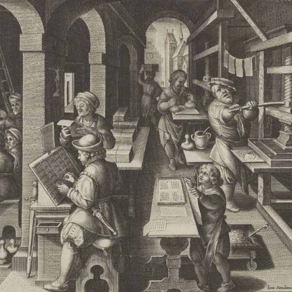 A 17th-century engraving depicting a bustling print shop where workers set type, ink presses, and inspect printed pages, illustrating the bookmaking process in early modern Europe.