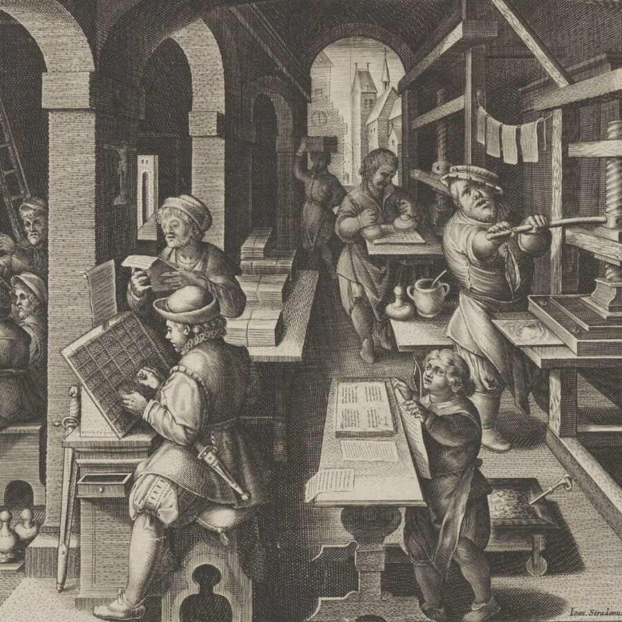 A 17th-century engraving depicting a bustling print shop where workers set type, ink presses, and inspect printed pages, illustrating the bookmaking process in early modern Europe.