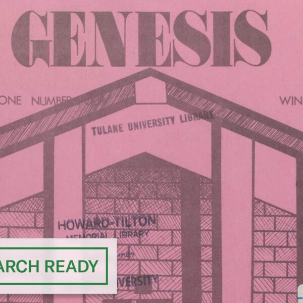Cover of Genesis, a 1981 student publication from Tulane University Library, illustrated with a hand-drawn library façade on a pink background.