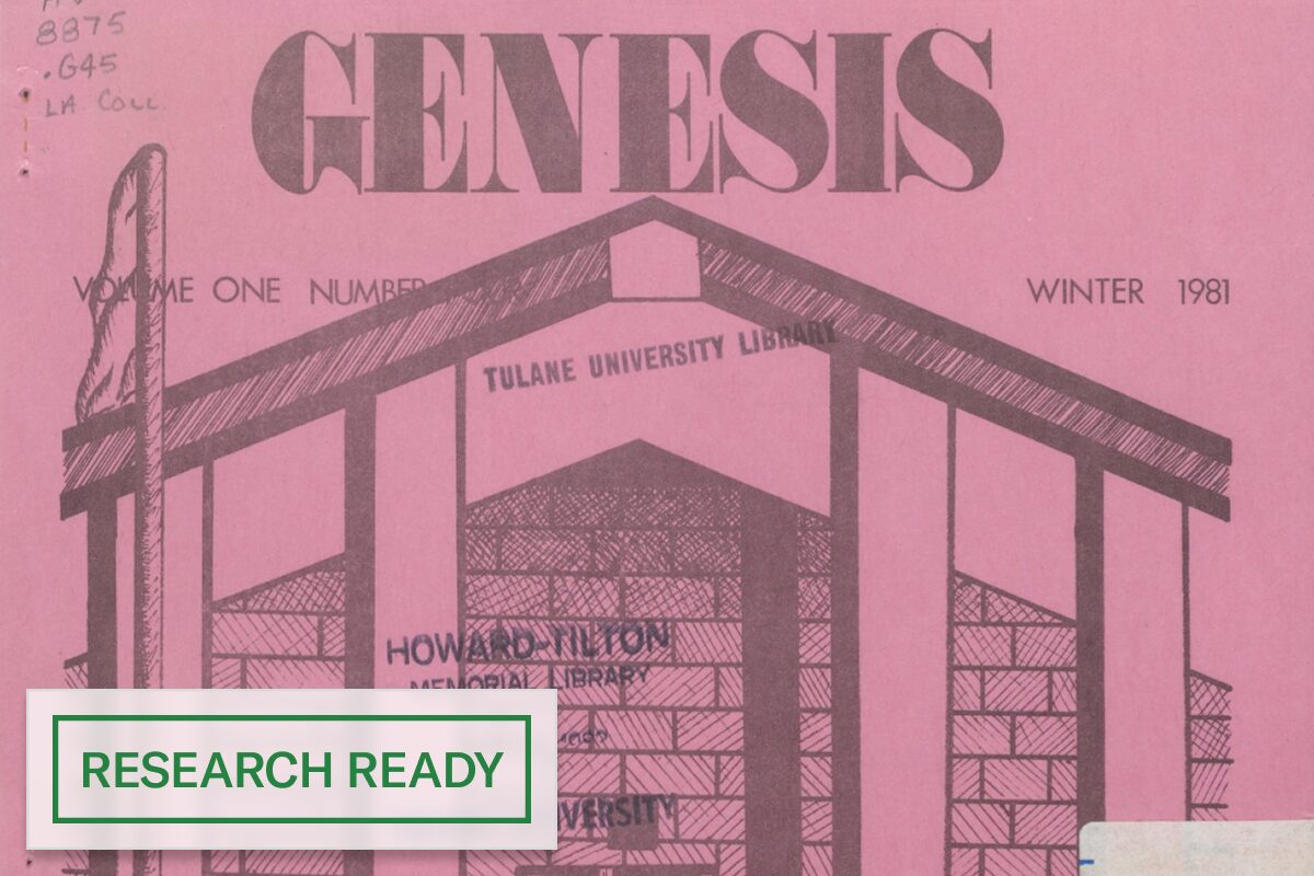 Cover of Genesis, a 1981 student publication from Tulane University Library, illustrated with a hand-drawn library façade on a pink background.
