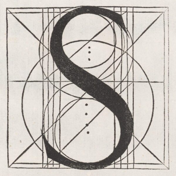 A stylized black letter “S” drawn within a geometric grid of circles and intersecting lines.