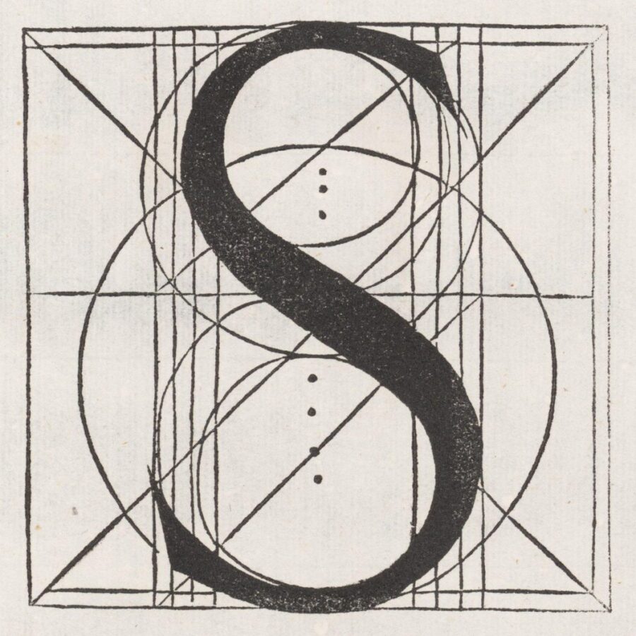 A stylized black letter “S” drawn within a geometric grid of circles and intersecting lines.