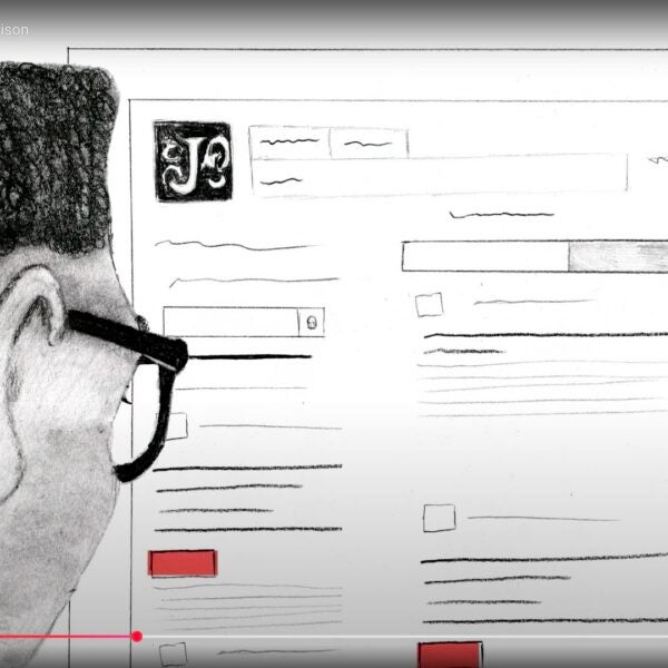 Screenshot of a video featuring a hand-drawn illustration of a person wearing glasses, viewed from behind, looking at a simplified sketch of a JSTOR webpage with outlined text boxes and icons.