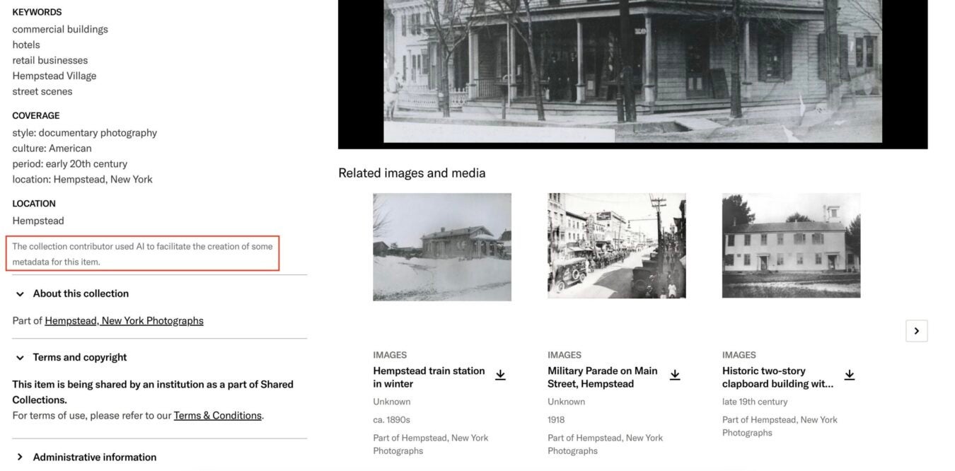 A screenshot of a JSTOR item page showing metadata for a historical photograph. The keywords and location details are listed on the left, while related black-and-white images appear on the right. A highlighted note reads, “The collection contributor used AI to facilitate the creation of some metadata for this item.”