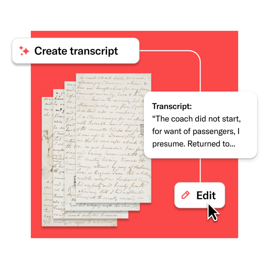 Stack of handwritten pages with an interface bubble labeled ‘Create transcript,’ displaying a snippet of transcribed text and an ‘Edit’ button with a cursor selecting it.