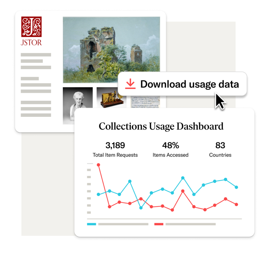JSTOR collections dashboard with usage analytics including total item requests, percentage of items accessed, and number of countries, alongside a button labeled ‘Download usage data’ and thumbnails of collection items.
