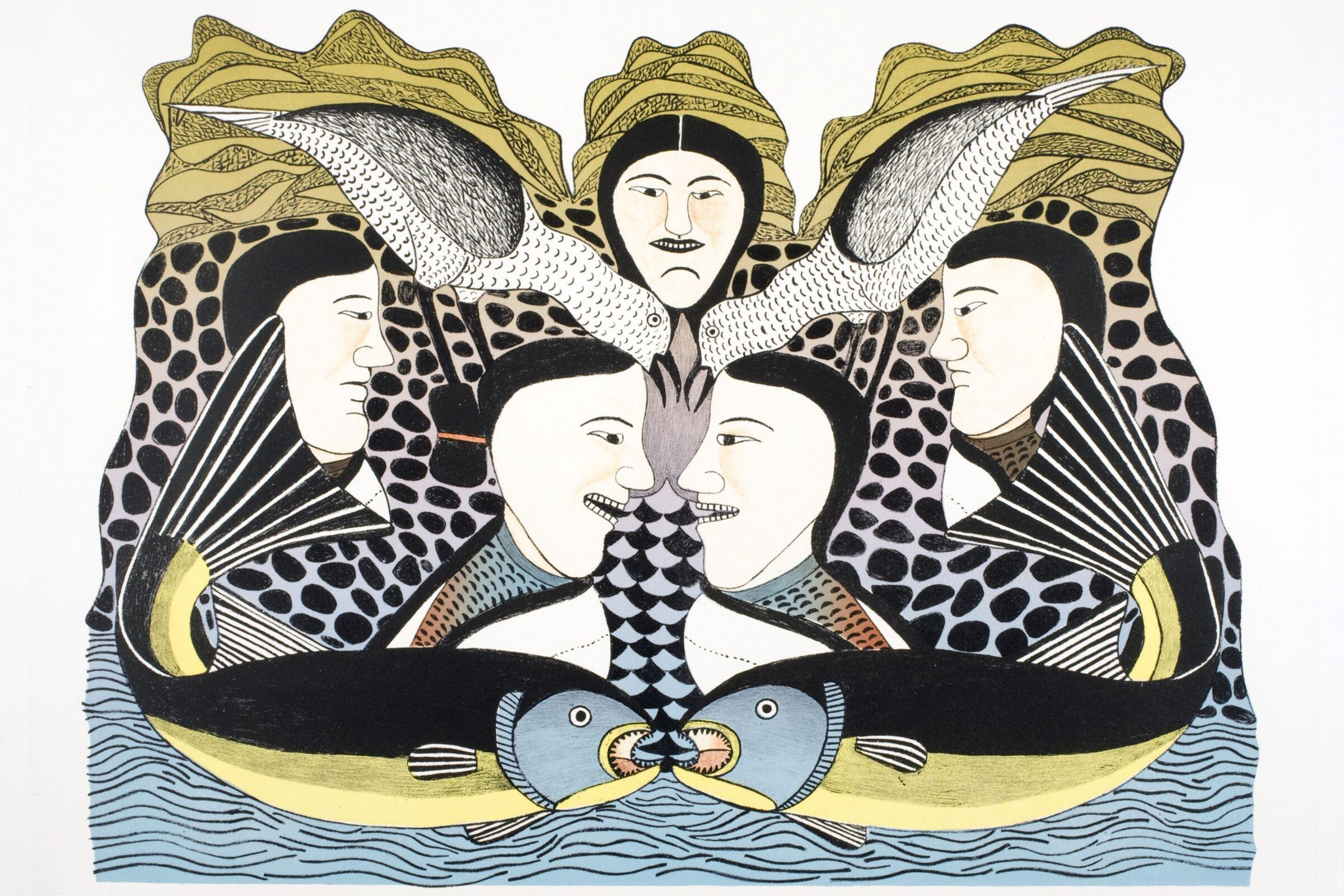 A symmetrical illustration showing human figures, birds, and fish intertwined in a patterned composition with black, yellow, and muted pastel colors.