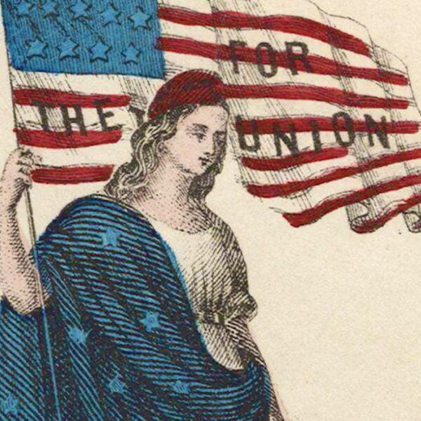 Illustration of a woman draped in a blue, star-patterned cloak holding an American flag that reads ‘For the Union.’