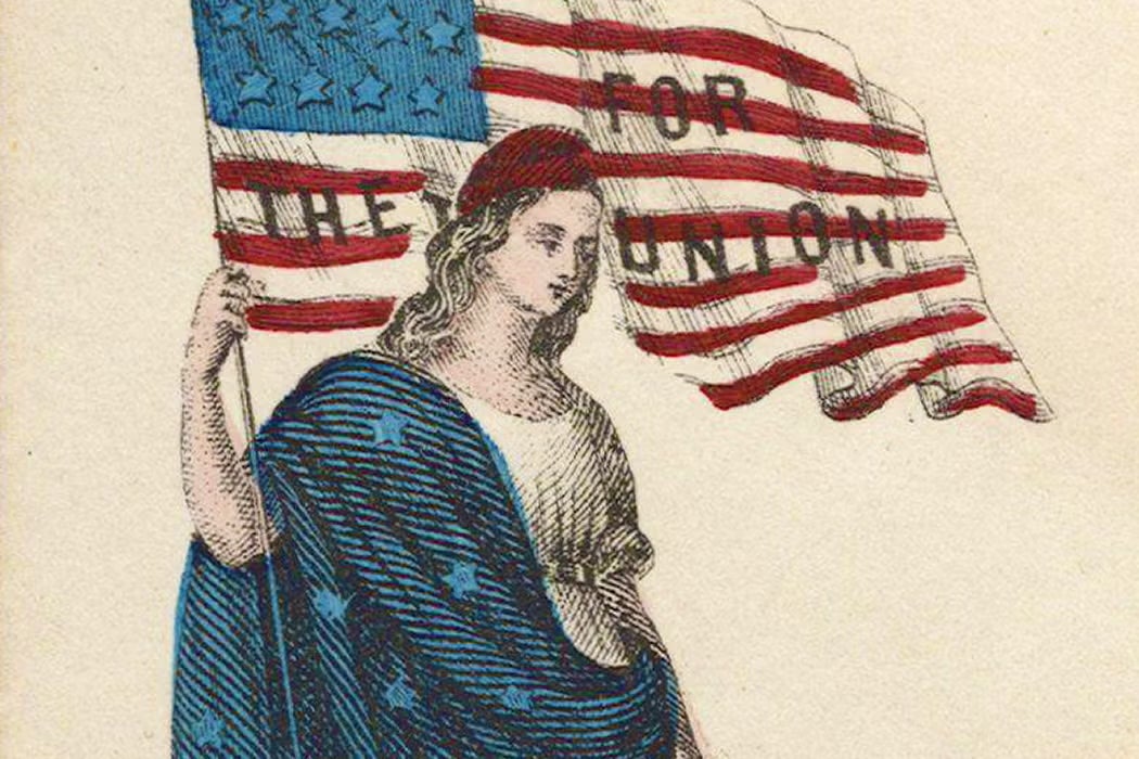 Illustration of a woman draped in a blue robe decorated with stars, holding an American flag that reads “The Union.” The red-and-white striped flag billows behind her.