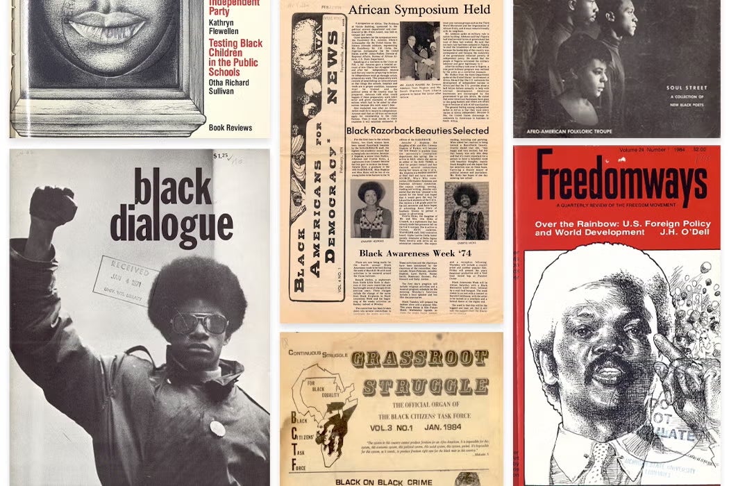 Collage of Black American periodicals, including covers of “Black Dialogue,” “Freedomways,” and other 20th-century activist publications.