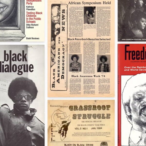 Collage of Black American periodicals, including covers of “Black Dialogue,” “Freedomways,” and other 20th-century activist publications.