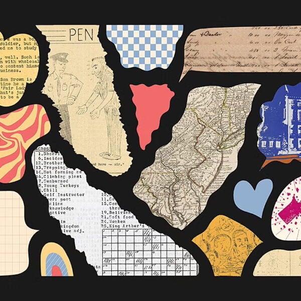 Collage of torn paper scraps including maps, handwritten notes, vintage cartoons, and colorful abstract shapes on a black background.