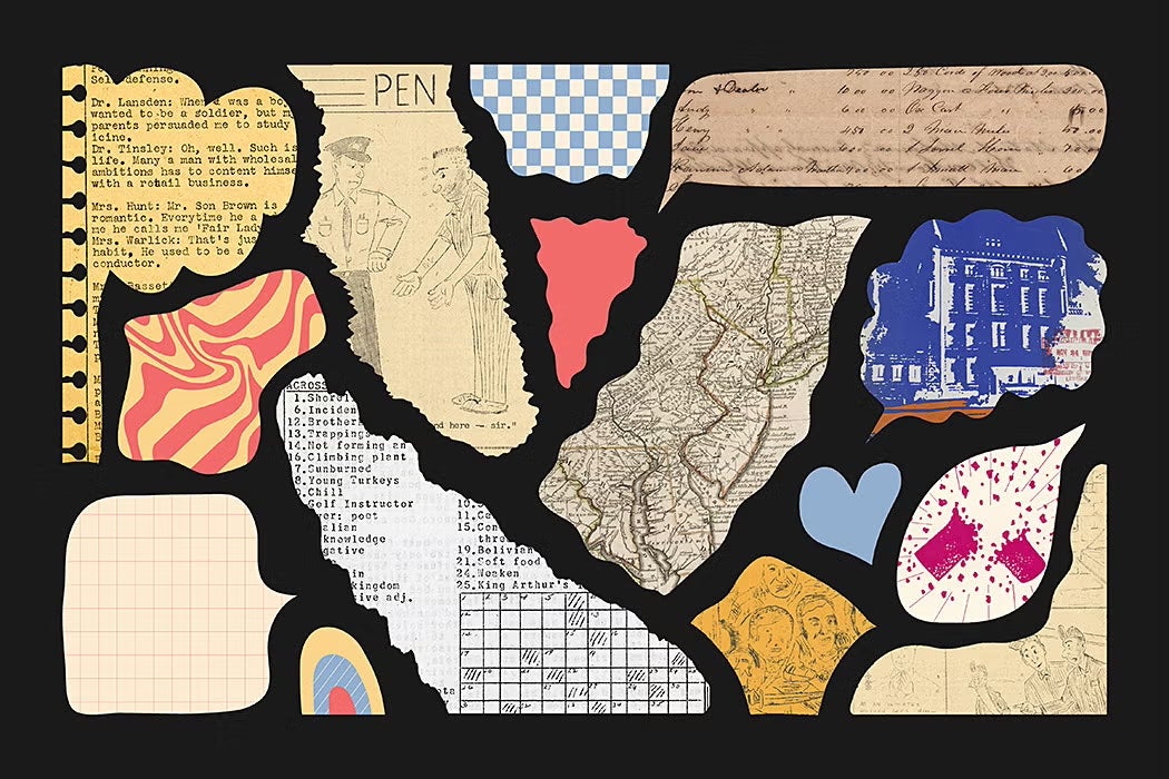Collage of torn paper scraps including maps, handwritten notes, vintage cartoons, and colorful abstract shapes on a black background.
