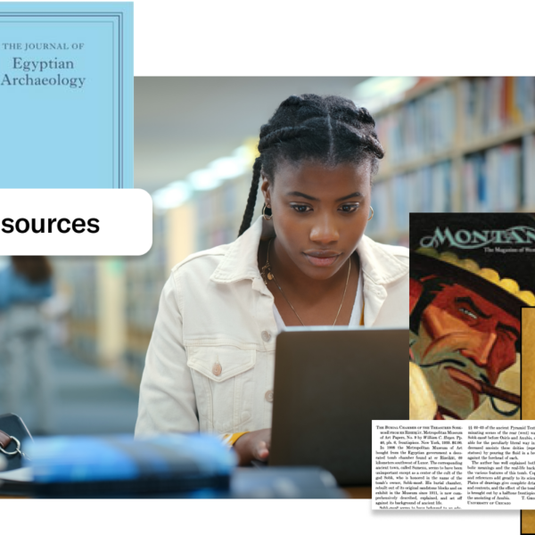 Student working on a laptop in a library, with historical journal covers arranged around her and a search prompt reading ‘Find sources.’